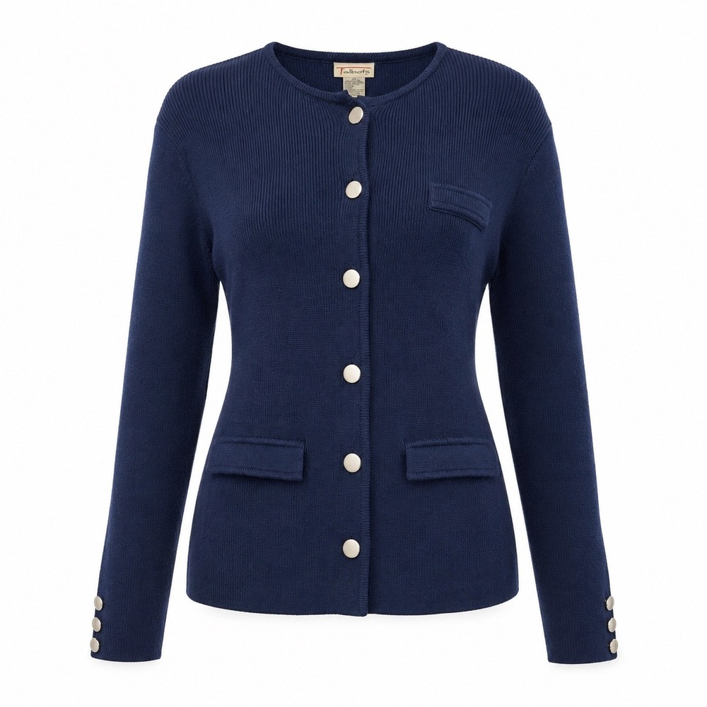Vintage Y2K Talbots Navy Blue 100% Cotton Button Front Cardigan Knit Sweater M
